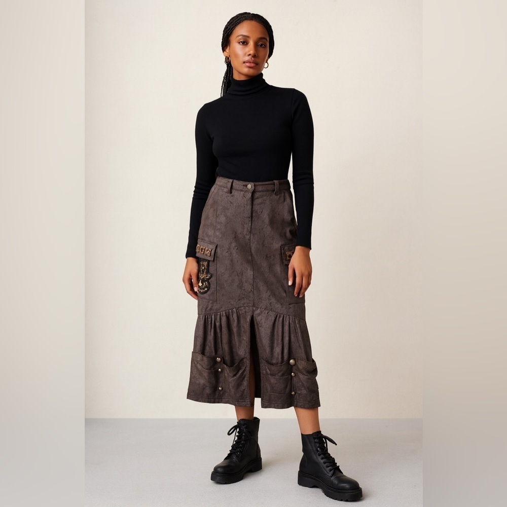 Brown Midi Skirt with Ruffle Hem and Cargo Pocket Accents